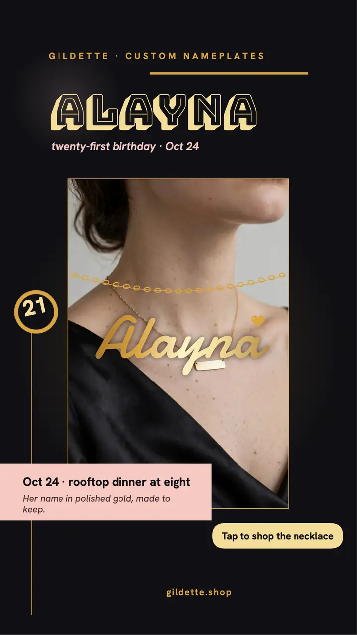 Alayna gold nameplate 21st birthday story template