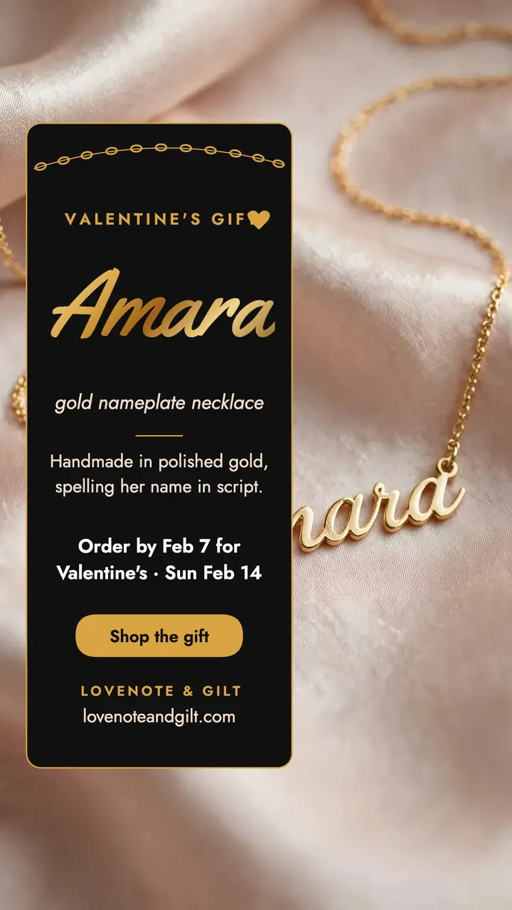 Amara gold nameplate necklace Valentine story template