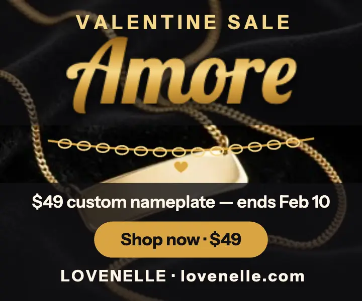 Lovenelle gold nameplate Valentine sale ad template