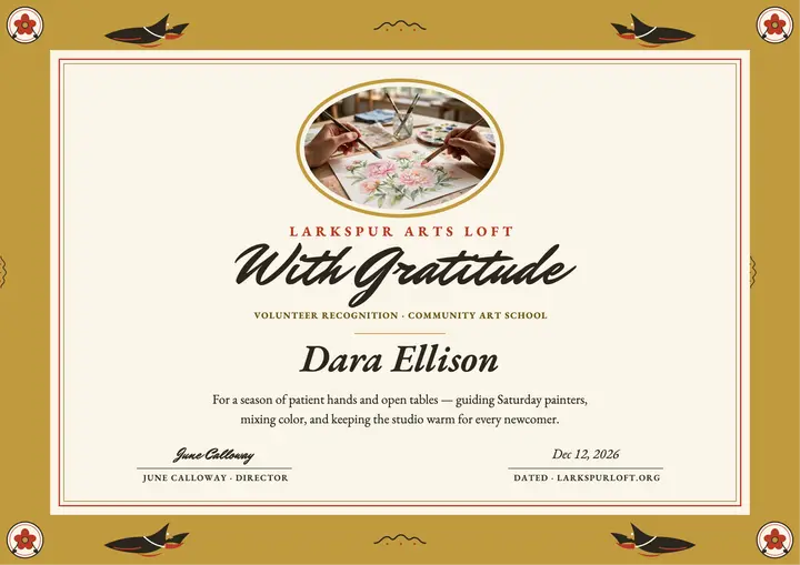 Larkspur volunteer certificate with gold phoenix border template