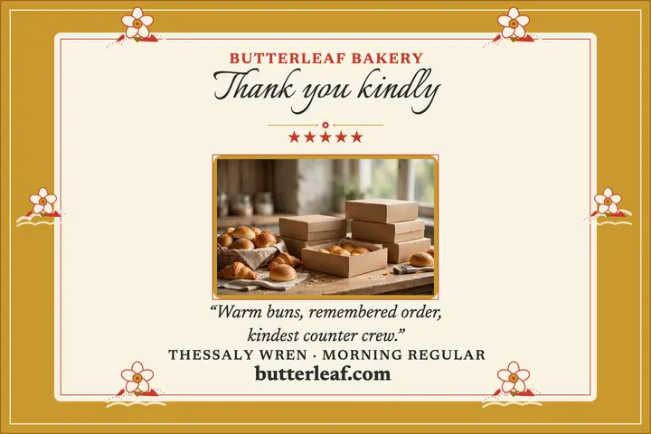 Butterleaf Bakery five-star thanks postcard: bakery thanks postcard template