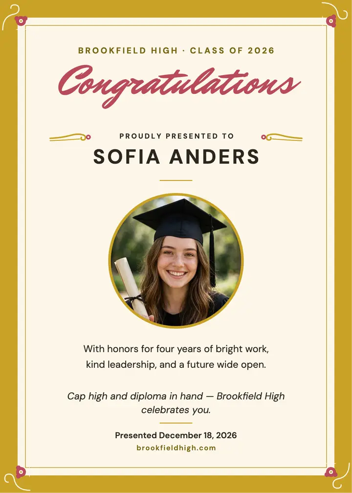 Gold phoenix graduation certificate, Sofia template
