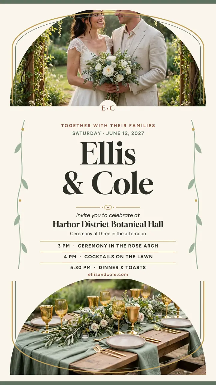 Ellis and Cole gold sage invite story: wedding invitation story template