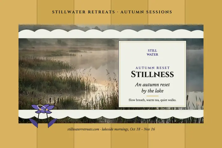 Stillwater autumn lake reset postcard: wellness retreat postcard template