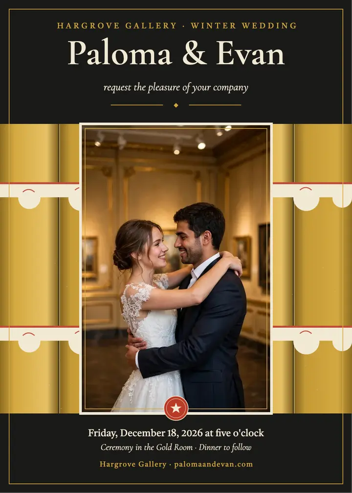 Paloma Rill and Evan Dorsey gold screen invite: winter wedding invitation template
