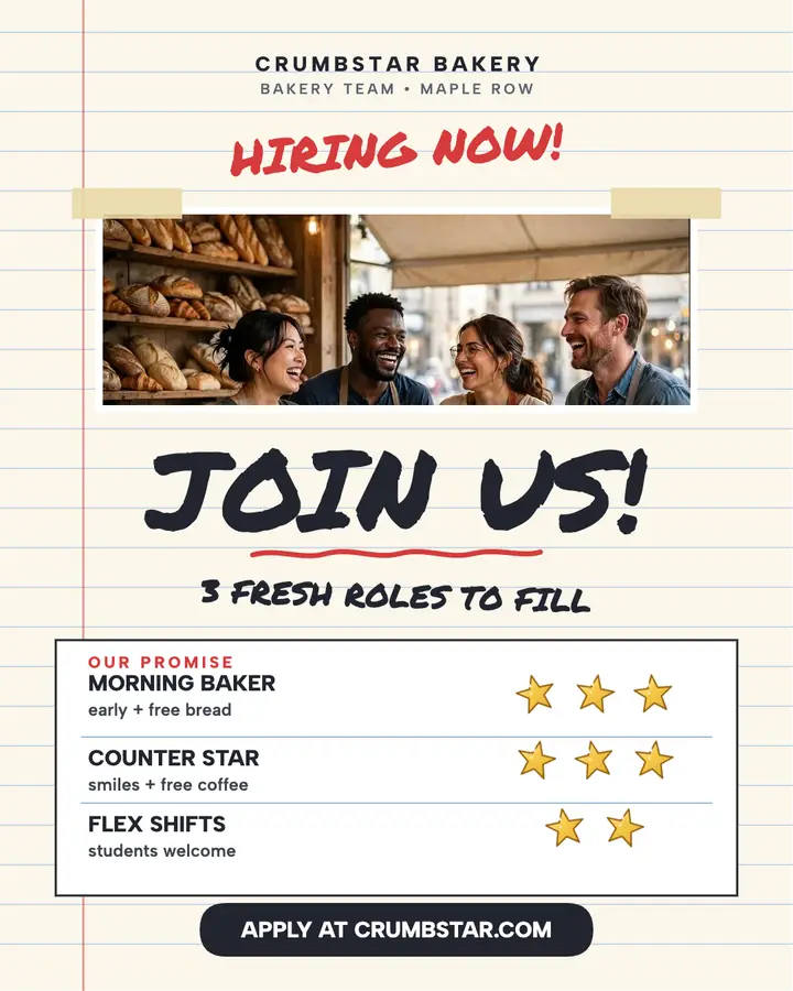Crumbstar Bakery hiring post, gold stars: bakery hiring post template
