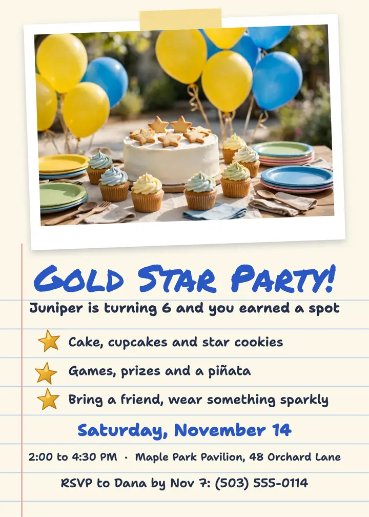 Juniper's gold star birthday invitation template