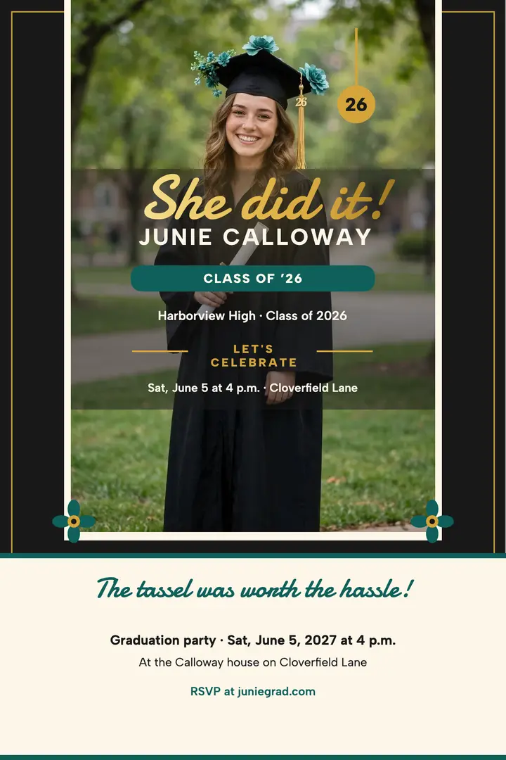 Junie gold tassel grad announcement template