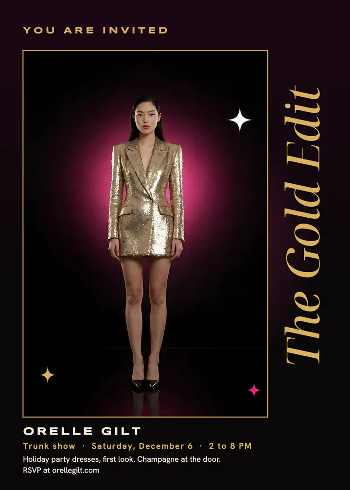 Orelle Gilt gold edit trunk show invitation, 80s luxe: trunk show invitation template