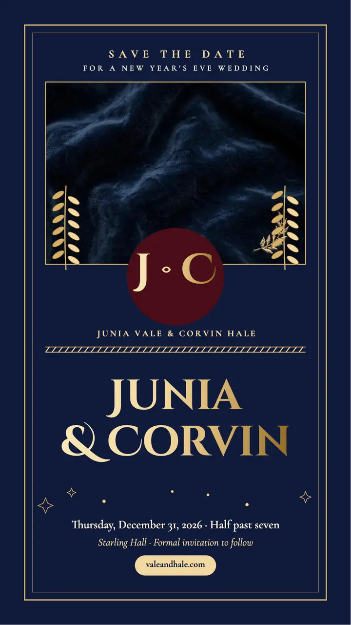 Junia and Corvin New Year's Eve save-the-date template