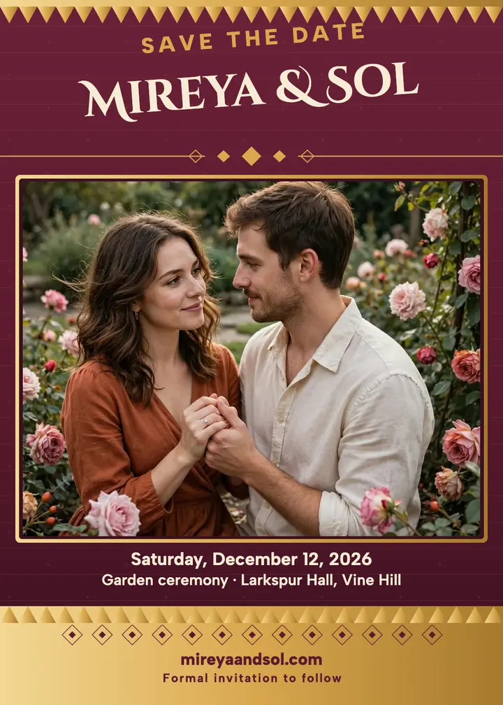 Mireya and Sol garden save the date, gold weave: save the date invitation template
