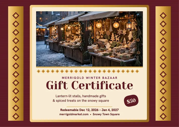 Merrigold Winter Bazaar gift certificate: holiday market gift certificate template