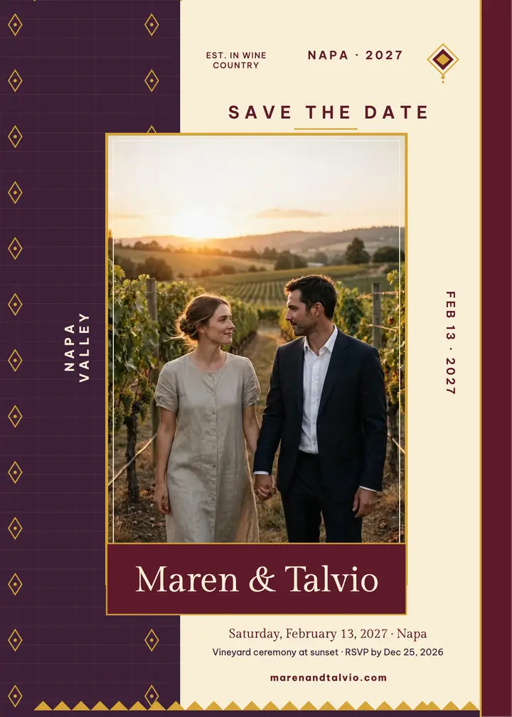 Maren and Talvio vineyard save the date: vineyard wedding invitation template