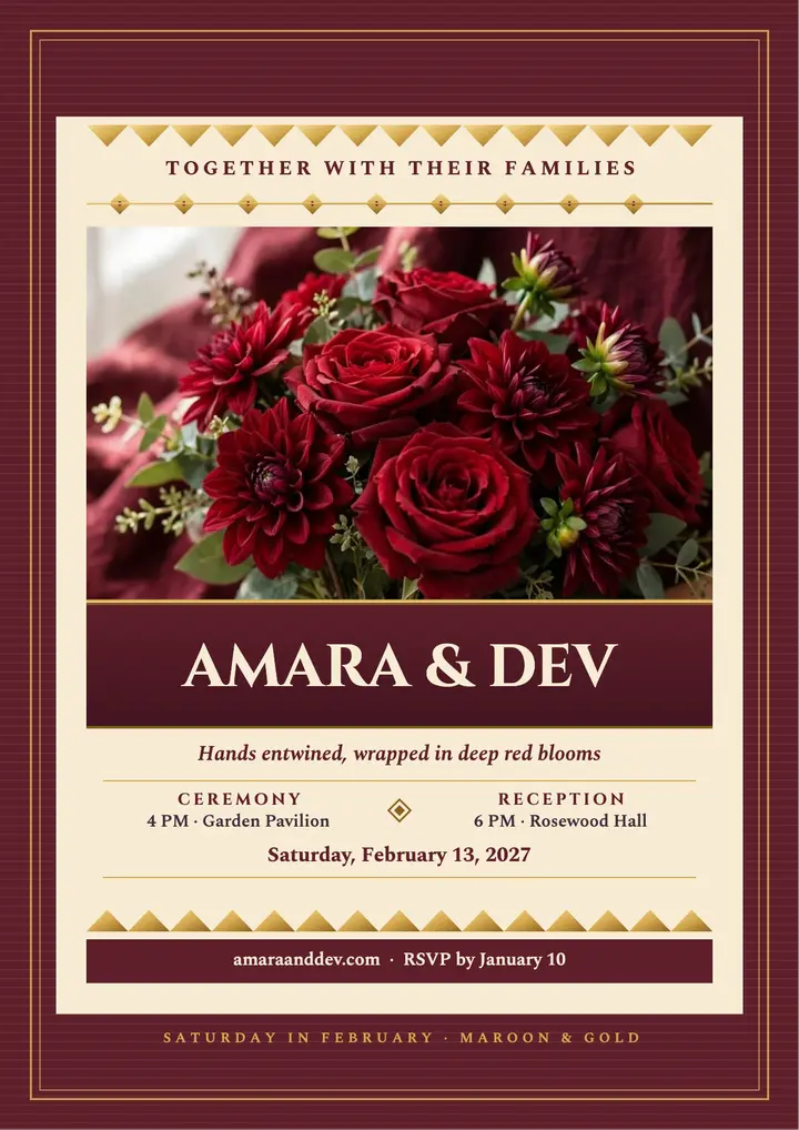 Amara and Dev gold weave details flyer: wedding details flyer template