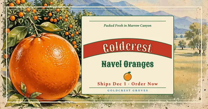 Goldcrest navel oranges crate label post: citrus box facebook post template