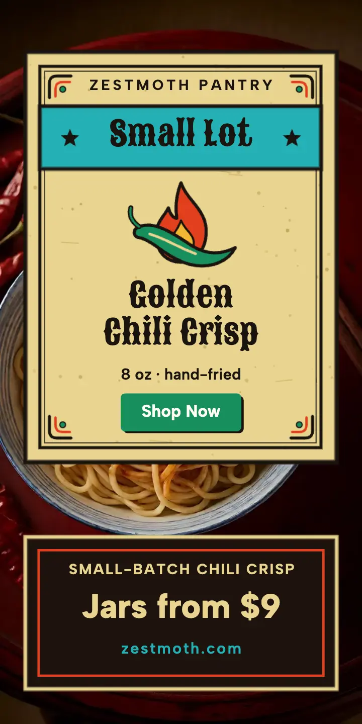Zestmoth Pantry golden chili crisp matchbox ad: chili crisp ad template