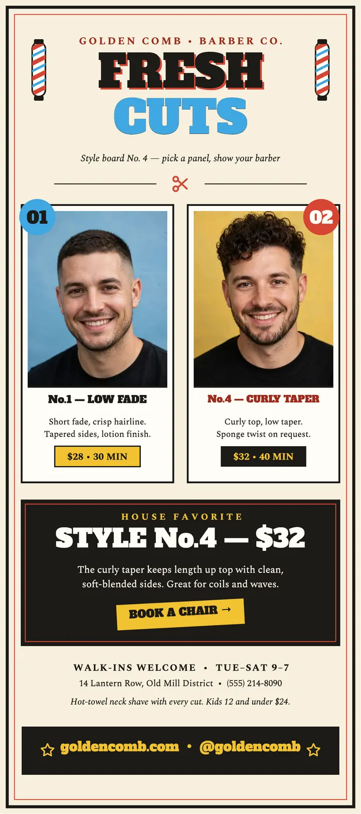 Golden Comb style board card: barbershop style board template