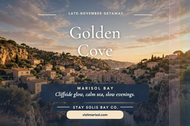 Marisol Bay golden cove getaway postcard template