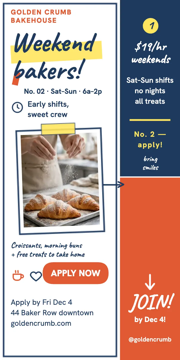 Golden Crumb weekend bakers hiring note: bakery hiring ad template