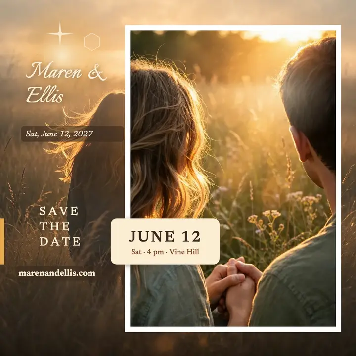 Maren and Ellis golden sunset save the date template
