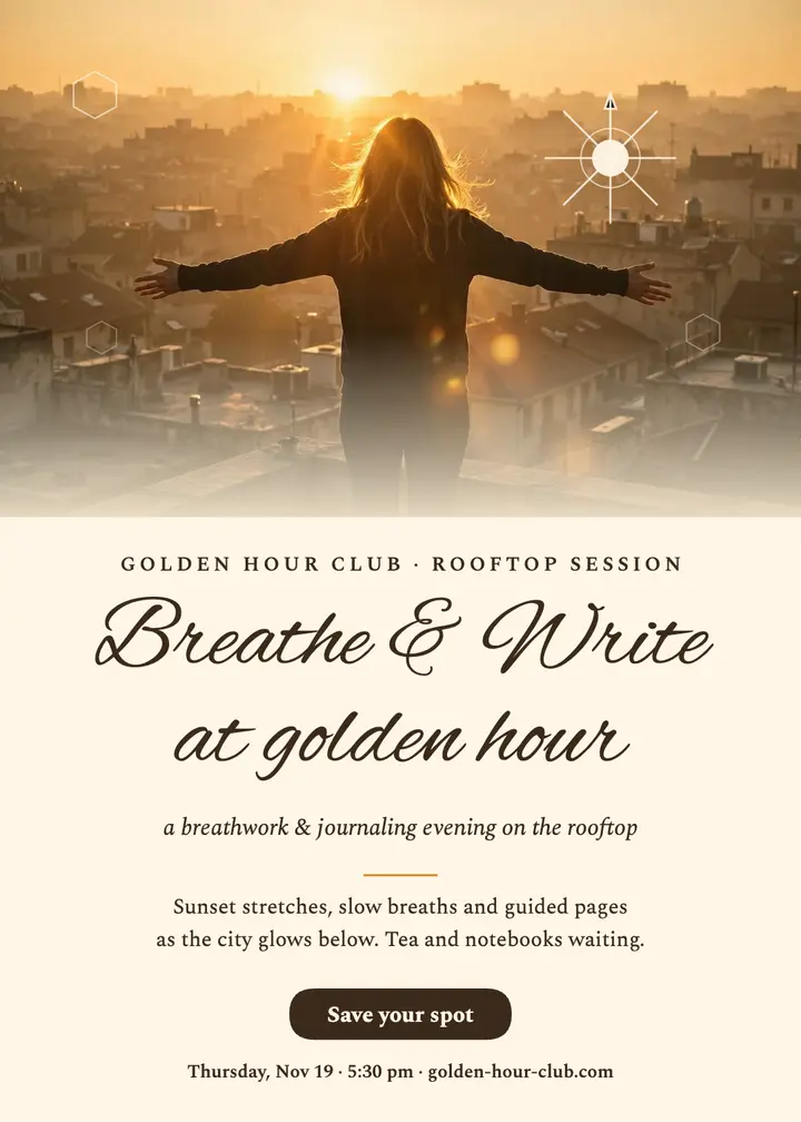 Golden Hour Club rooftop breathwork invitation: breathwork invitation template