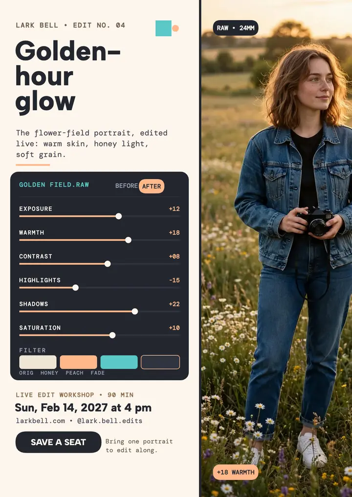 Golden hour edit recipe flyer with Lark Bell template
