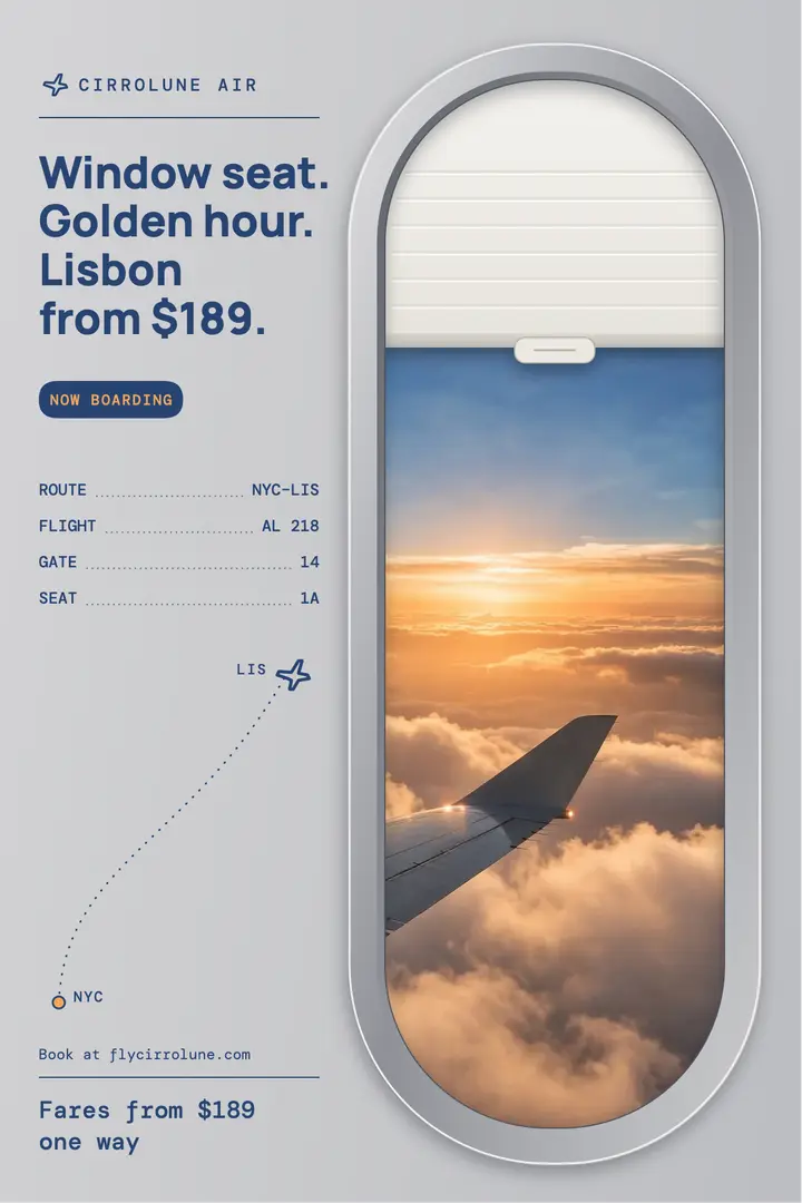 Golden hour flight deal poster, plane window template