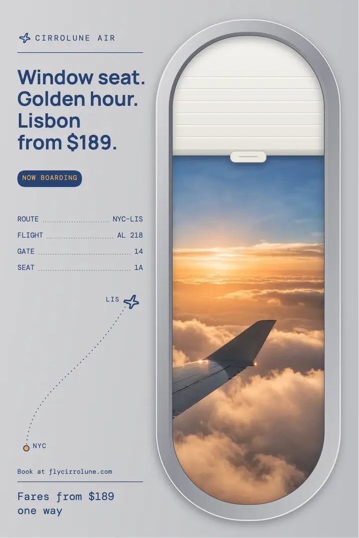 Golden hour flight deal poster, plane window template