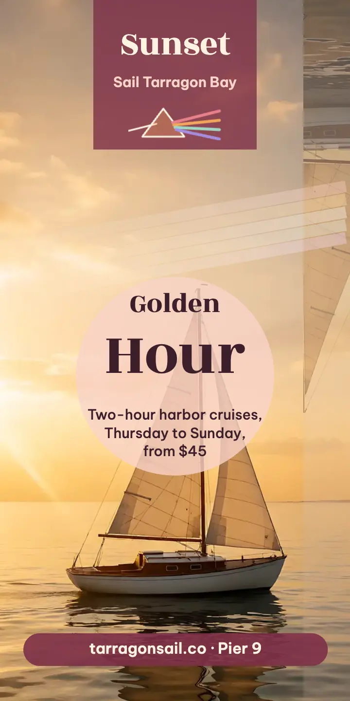 Tarragon Bay golden hour sailing half-page ad template