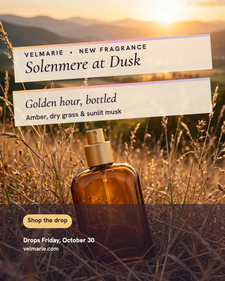 Velmarie Solenmere golden hour drop post template