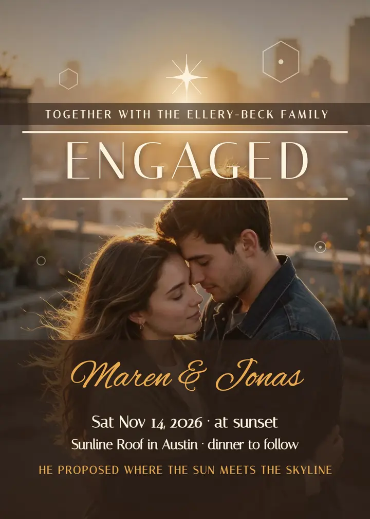 Maren and Jonas golden hour rooftop engagement: engagement invitation template