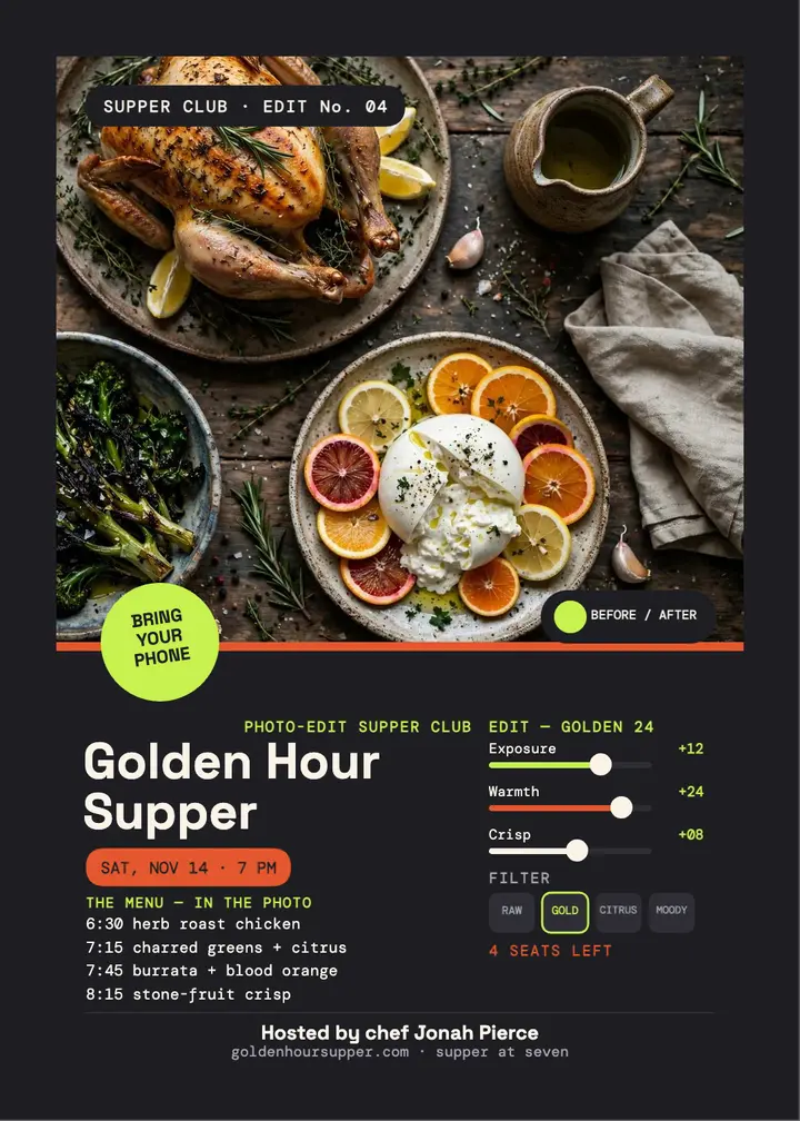 Golden Hour Supper club invite template
