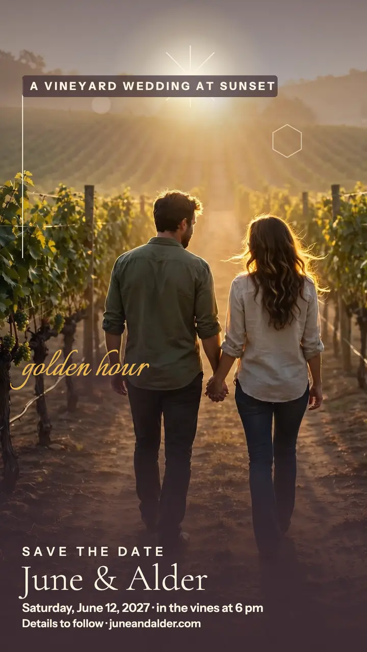 June and Alder golden vineyard save the date template