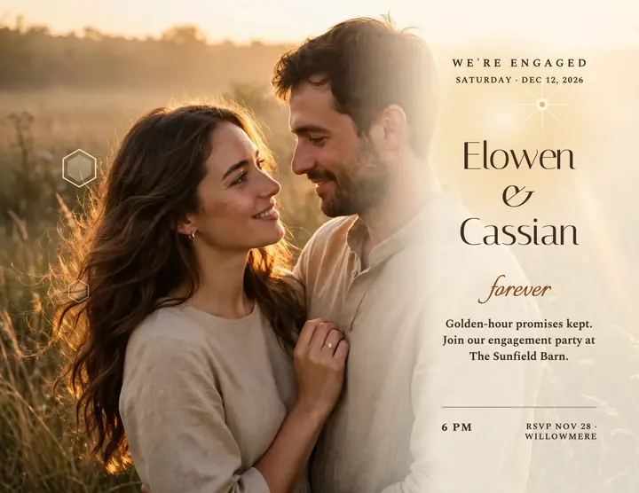 Golden meadow engagement flyer, Elowen and Cassian: engagement announcement flyer template
