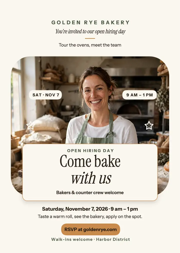 Golden Rye Bakery hiring day invitation template