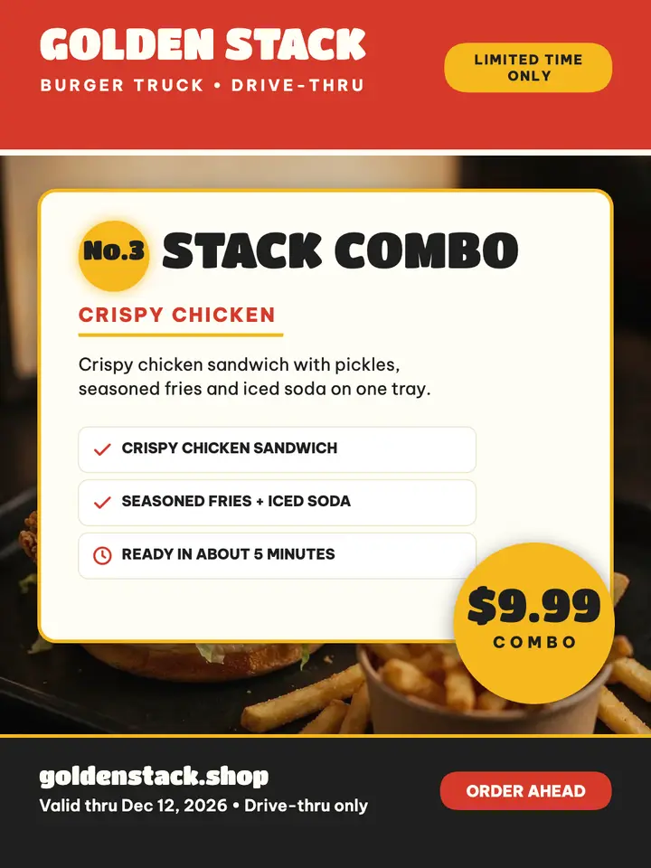 Golden Stack combo menu portrait: chicken combo promo template