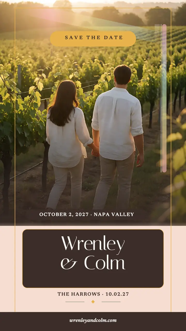 Wrenley and Colm vineyard save the date: vineyard save the date story template