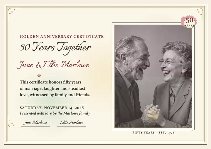 Golden years tinted anniversary certificate template