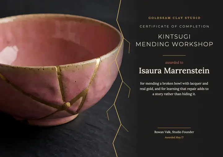 Goldseam kintsugi workshop certificate, gold seams template