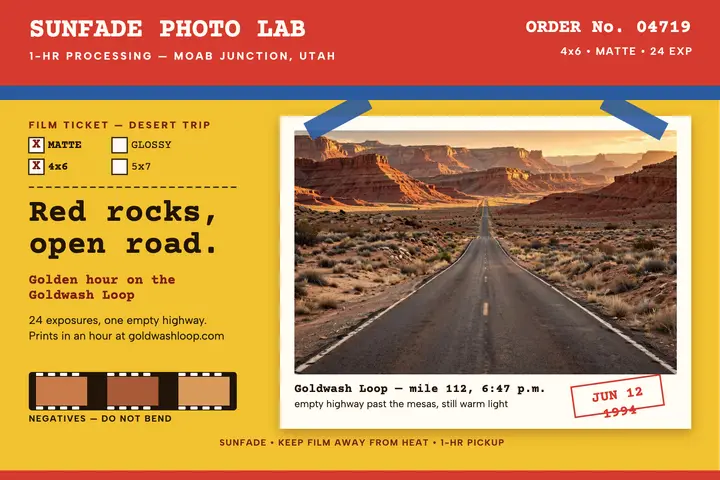 Desert road trip lab wallet postcard template