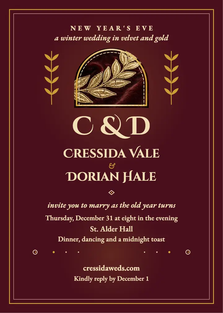 Cressida and Dorian New Year wedding invitation: new year wedding invitation template