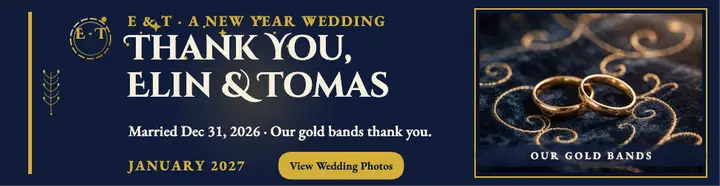 Goldwork thank-you billboard, Elin and Tomas: wedding thank-you billboard template