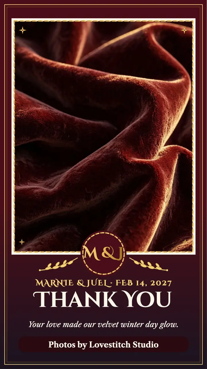 Marnie and Juel velvet thank you story: wedding thank you story template