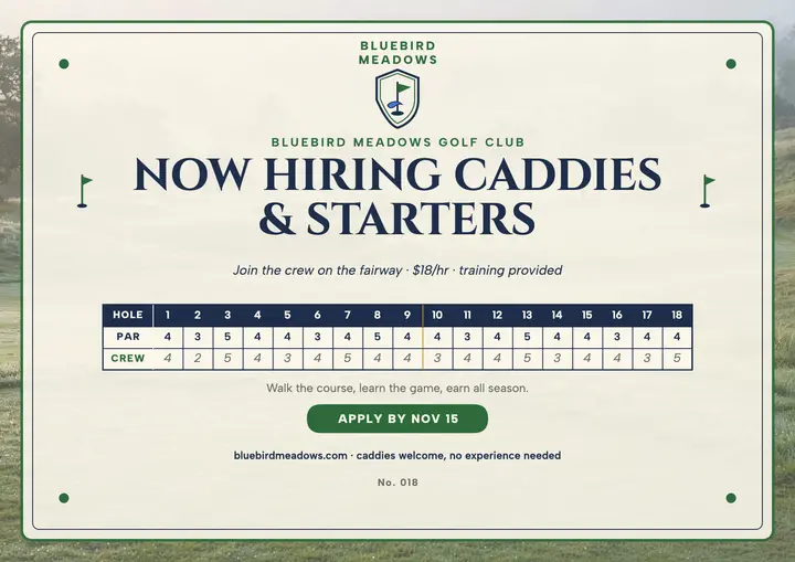 Bluebird Meadows caddie hiring certificate template