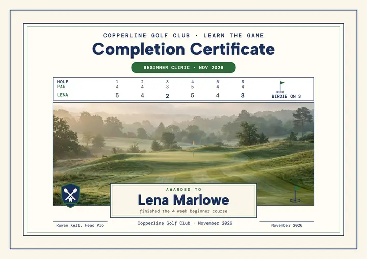 Copperline beginner golf clinic certificate: golf clinic certificate template