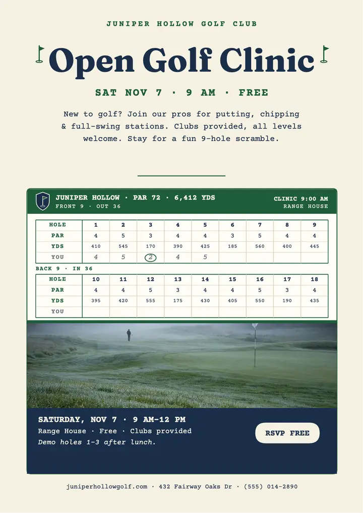 Juniper Hollow open golf clinic scorecard flyer template