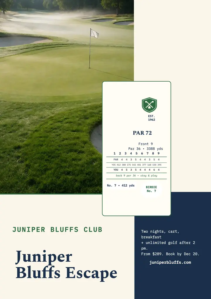 Juniper Bluffs golf escape scorecard flyer template