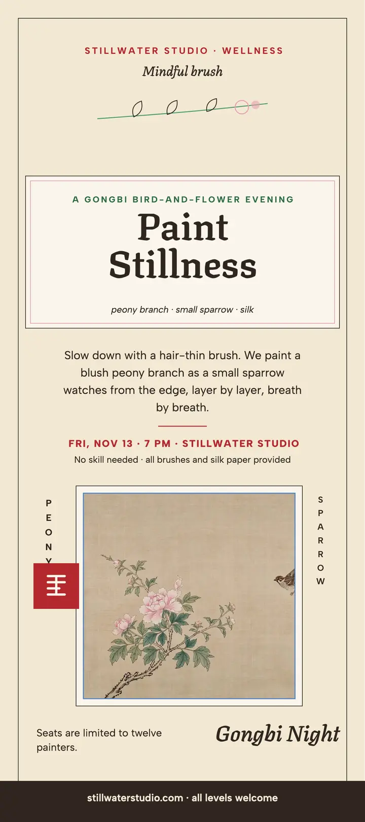 Gongbi peony wellness evening card template