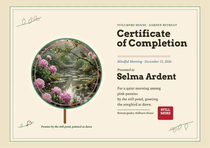 Stillmere garden retreat certificate: wellness retreat certificate template