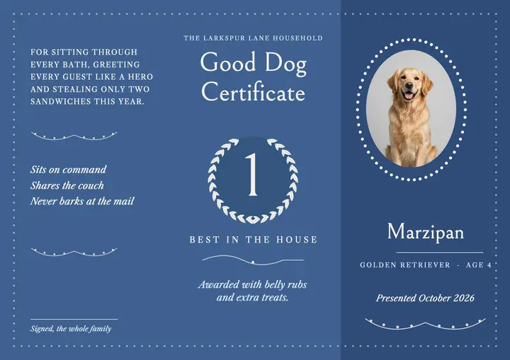 Good Dog certificate in blue and white relief: good dog certificate template